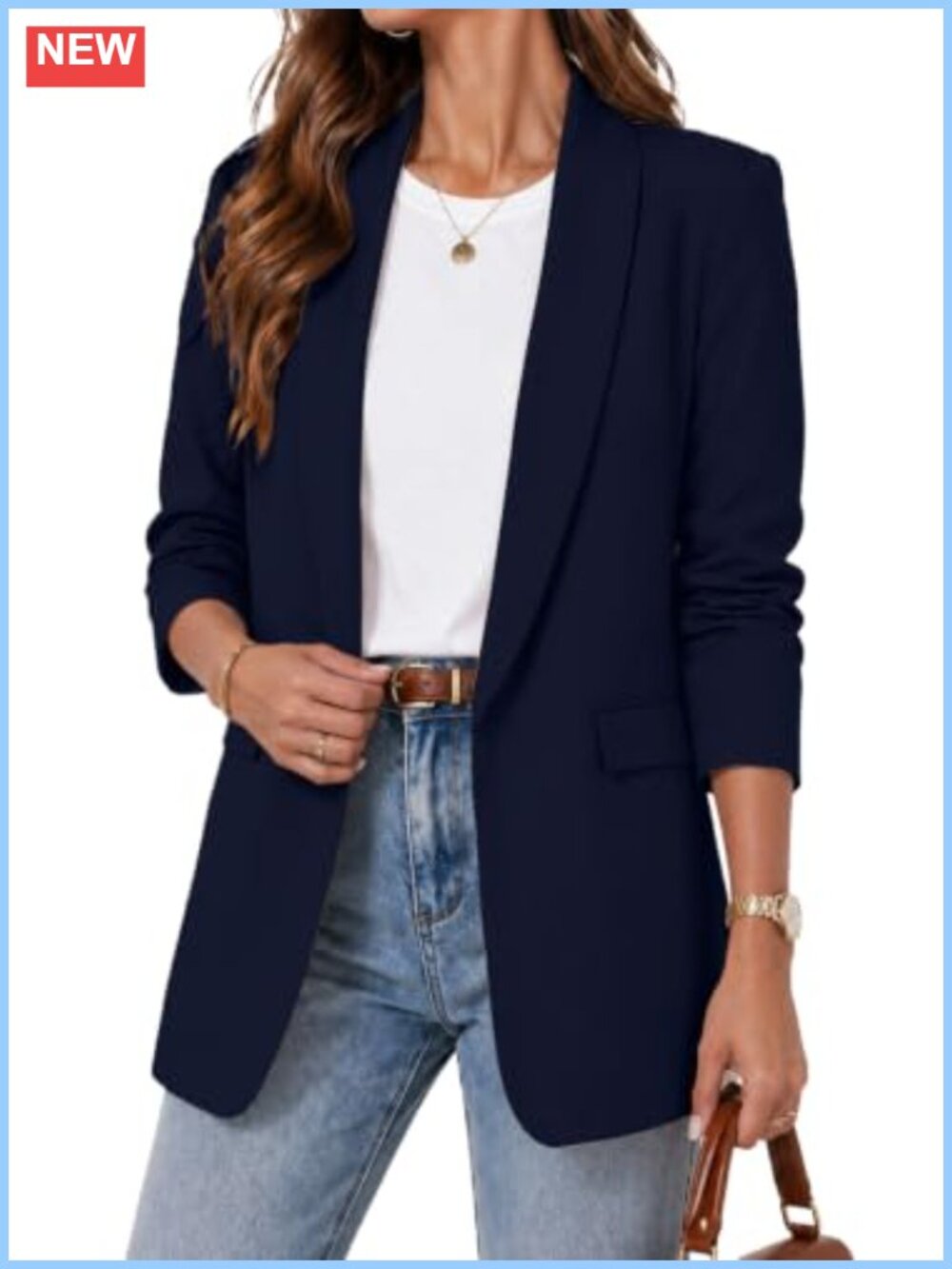 Women's Open Front Ruched 3/4 Sleeve Blazer
